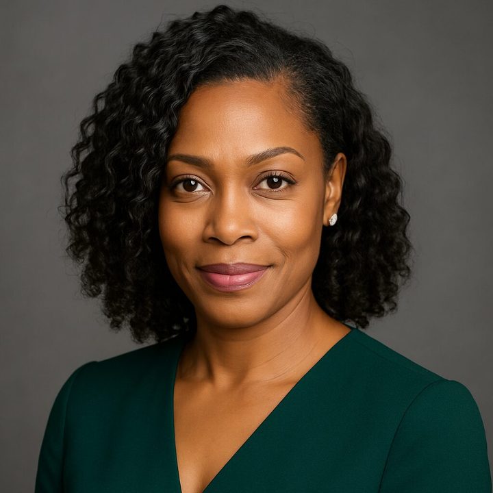Example AI headshot in an emerald blouse